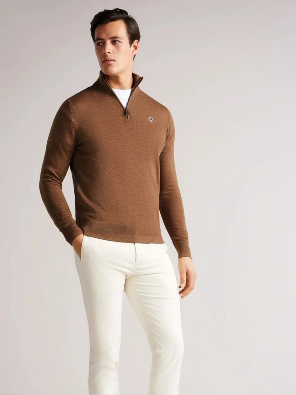 Ted Baker Tooting Half Zip Knitwear Tan Merino Wool